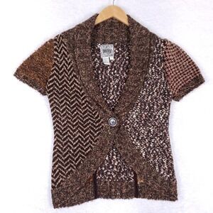 Curio Short Sleeve Cardigan Sweater Small Brown Boho Patchwork Eclectic Cozy